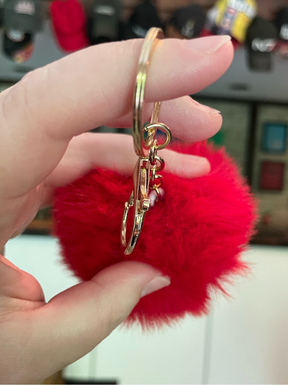 Faux Fur Pom-Pom Keychain Purse Bag Backpack Charm Keyring - Red - Picture 3 of 5